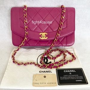 Vintage Small Diana Fuschia Pink Lambskin 24K Gold